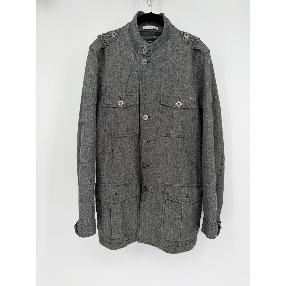 Buckle Black Label Mens Grey Herringbone Military Field Jacket Slim Fit Large